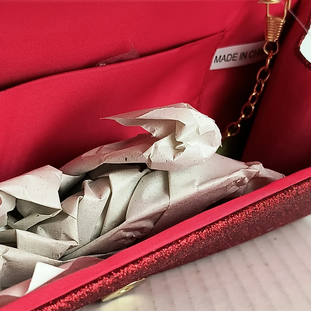 Shimmer Red Vampire Satin Evening Clutch Bag Snap Closure Glitter Red Rhinestone